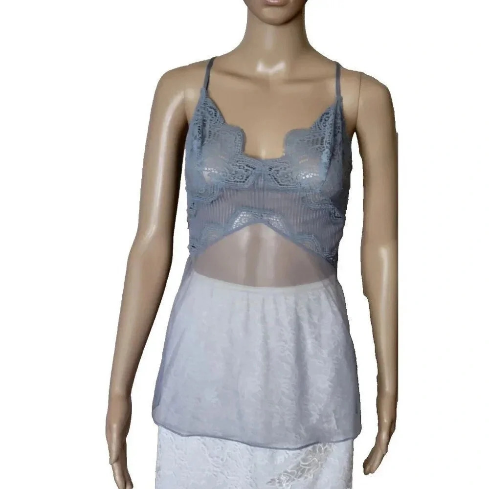 Victorias Secret Lingerie Top gray Lace Sheer Mesh Baby Doll Tank Nighty size S